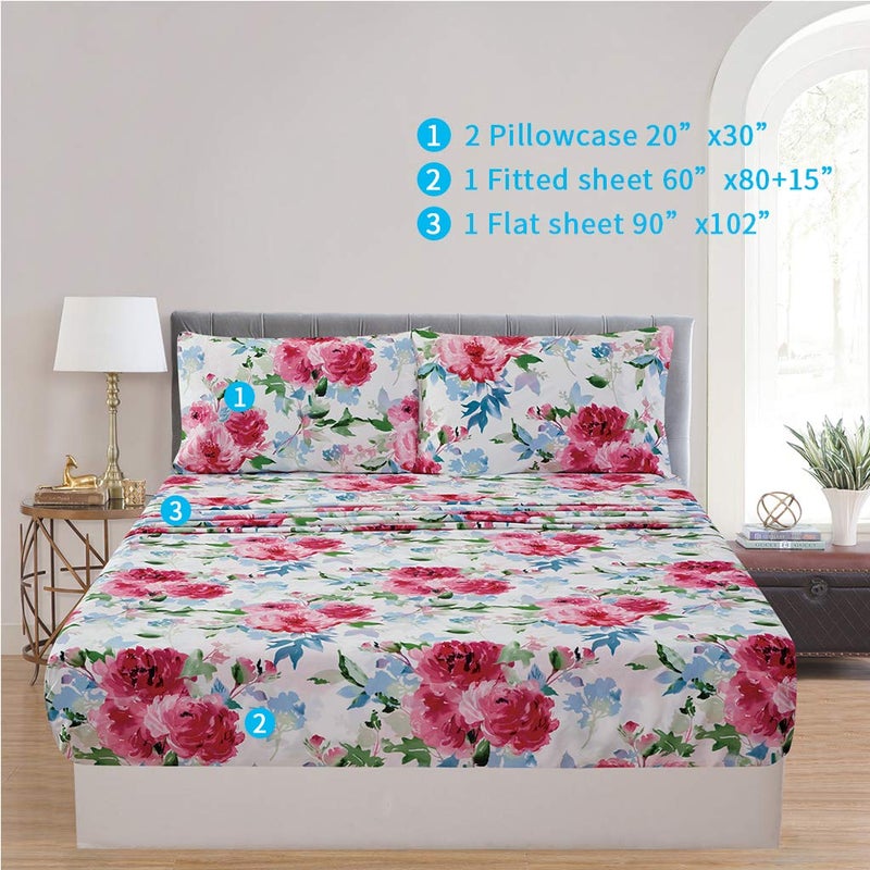 JSD Watercolor Rose Floral Sheet Set Queen Size, 4 Piece Soft Printed Microfiber Sheets Extra Deep Pocket - Image 2